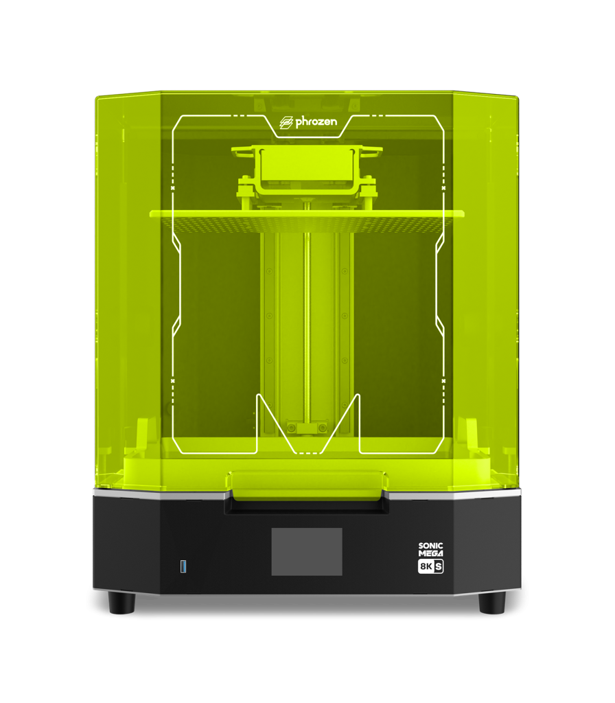 Front view of the Phrozen Sonic Mega 8K S resin 3D printer with UV cover and front display.